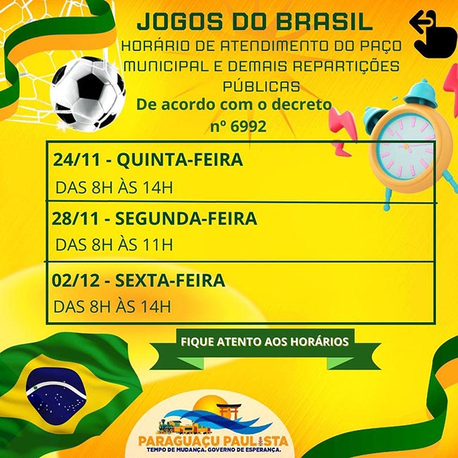 Prefeitura altera expediente nos dias de jogos do Brasil na Copa