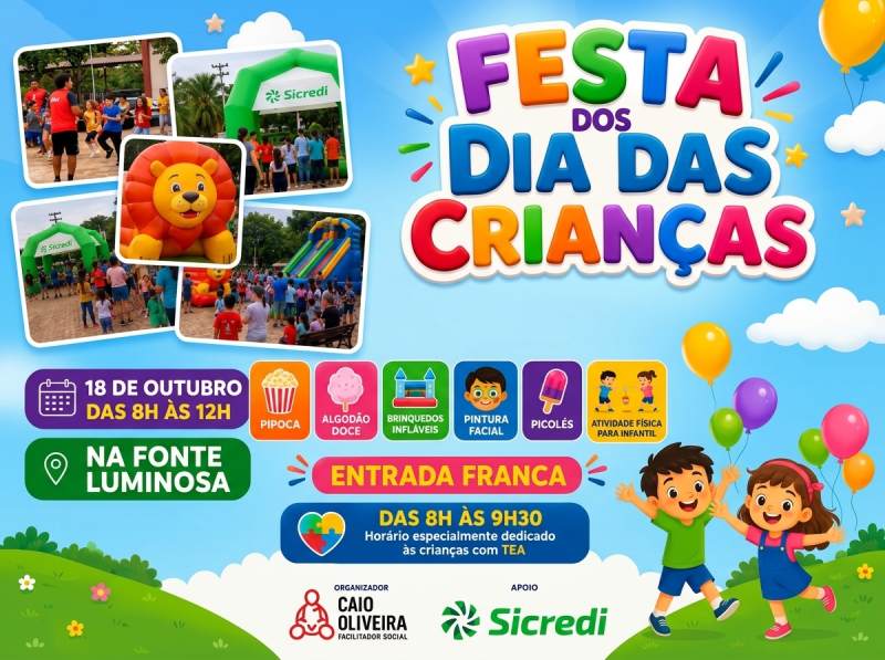 Festa das Crianças na Fonte Luminosa terá programação inclusiva e atrações gratuitas neste domingo
