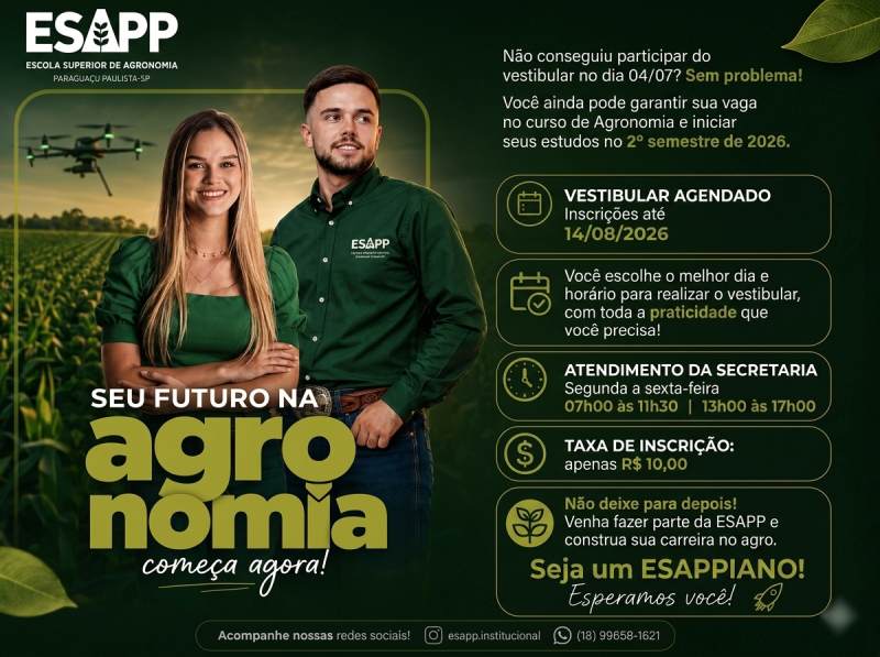 ESAPP abre inscrições para Vestibular Agendado em Agronomia para ingresso neste 2º semestre de 2026