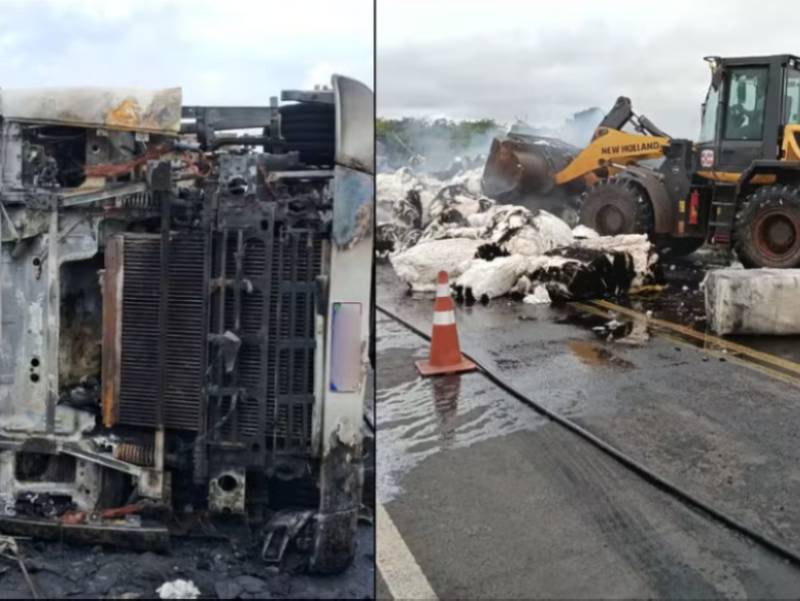 Caminhão com carga de algodão tomba e pega fogo em rodovia de Nantes