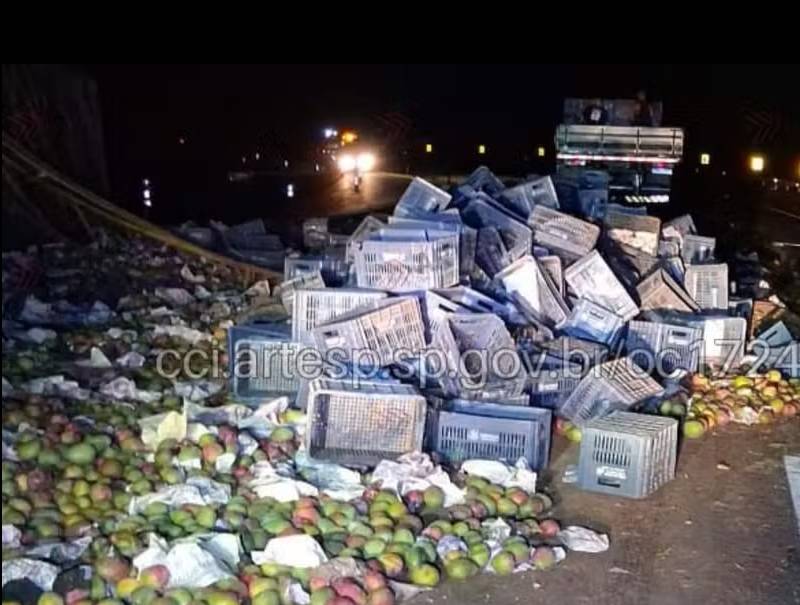 Carreta carregada com 28 toneladas de manga tomba em rodovia de Marilia
