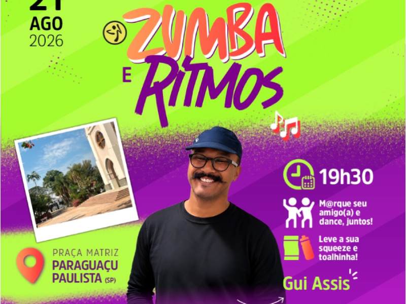 Nesta sexta tem Aulão de Zumba e Ritmos com Gui Assis e convidados em Paraguaçu Paulista