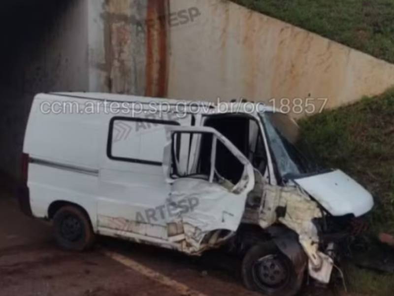 Van atinge placa e árvore após ser fechada por caminhão em rodovia em Santa Cruz do Rio Pardo