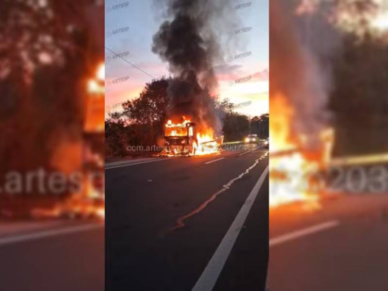 Caminhão carregado com chapas metálicas pega fogo e fica destruído na SP-333 em Echaporã