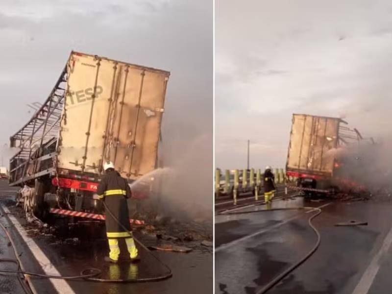 Carga de papelão em carreta pega fogo após motorista passar por incêndio em rodovia de Tarumã